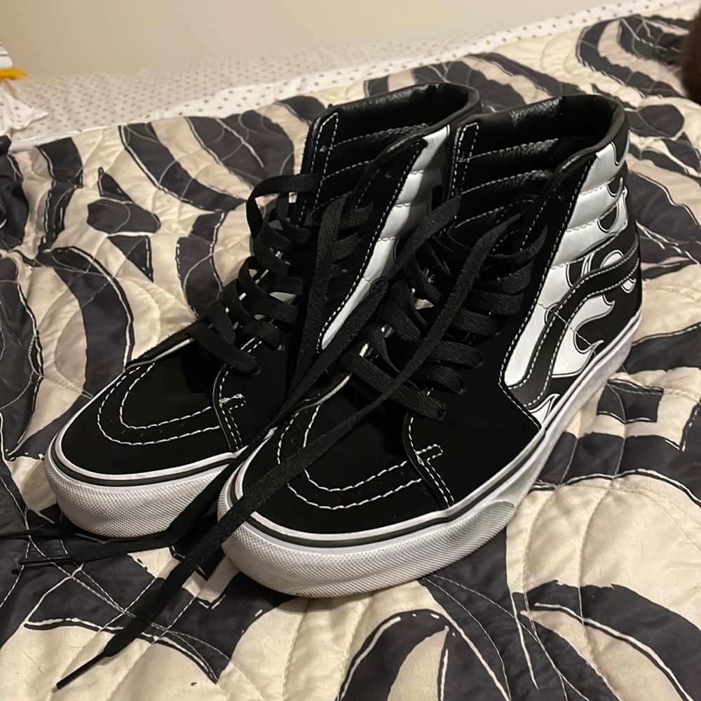 Like new black with white flames hi top vans